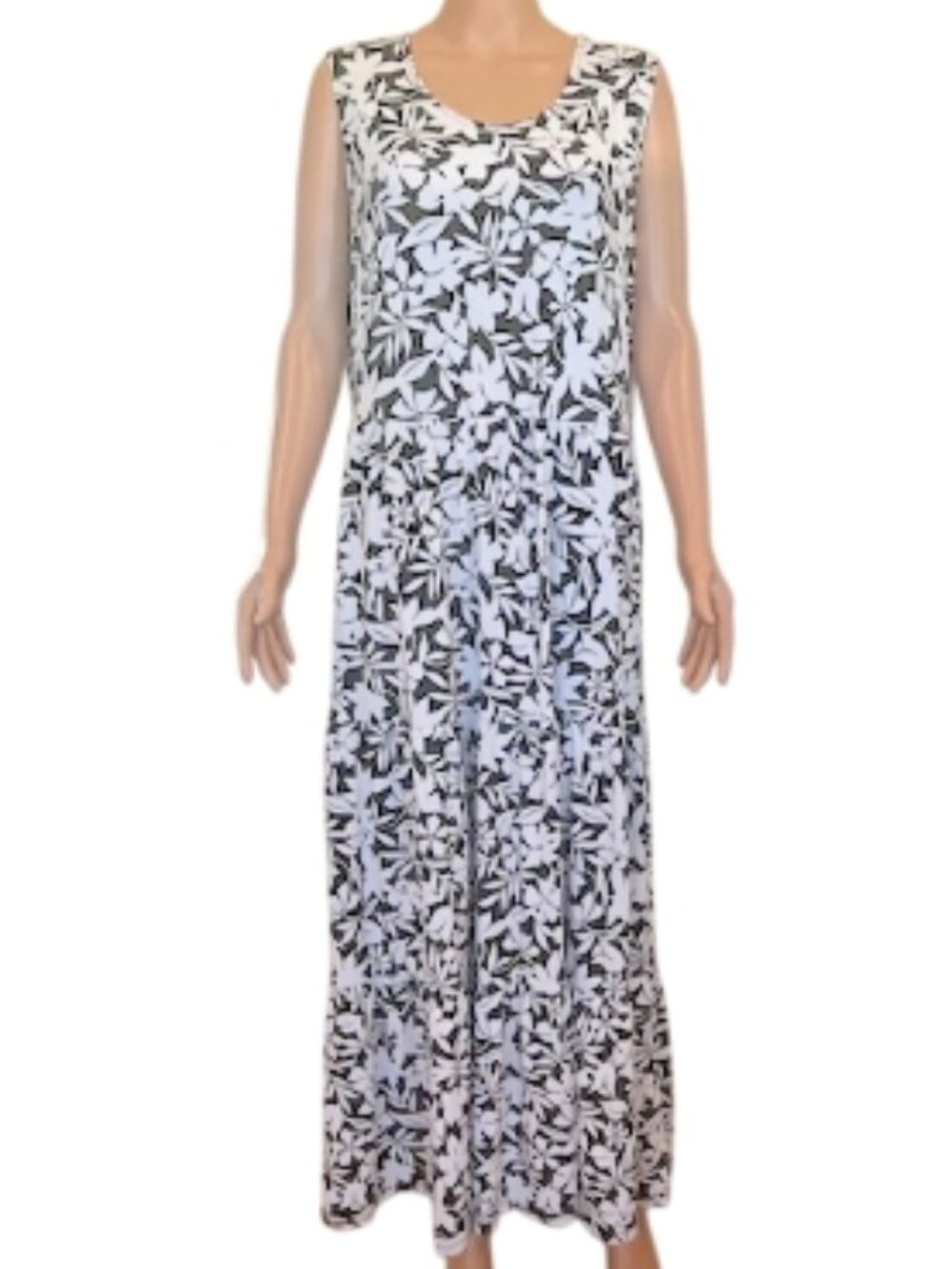 Lands’ End Sleeveless Black White Floral Tencel Maxi Dress XL NWT